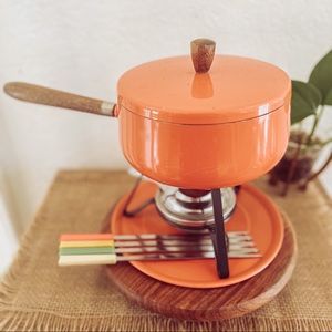 Vintage Retro Orange 1970's 10 piece Fondue Set